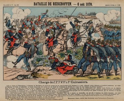 1870 年 8 月 6 日，普法战争，普法战争中，法国胸甲骑兵向普鲁士步兵冲锋（彩色版画） 作者 法语学校