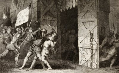 法国骑士在100年战争期间攻击一个英国城市，来自Colart的“Histoire de France”，出版于1840年 作者 法语学校