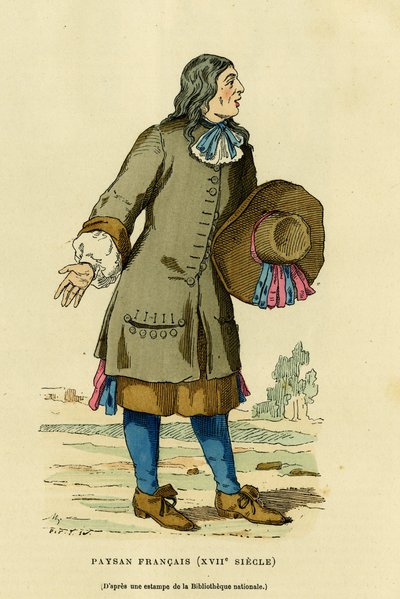 French peasant costume in the 18th century. Engraving in colours after a print of the national bibliotheque, in “France et les francais a travers les centuries” by Augustin Challamel, F.Roy editor, Paris 1882. Selva Collection. 作者 法语学校