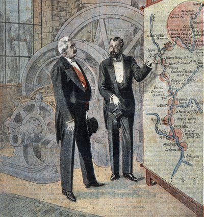 法国总统米勒兰与计划在罗纳河上建造水电站的工程师 1921 年 4 月 "Le pelerin "杂志插图 作者 法语学校