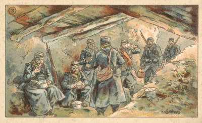 French soldiers eating in a dugout, First World War (chromolitho) 作者 法语学校
