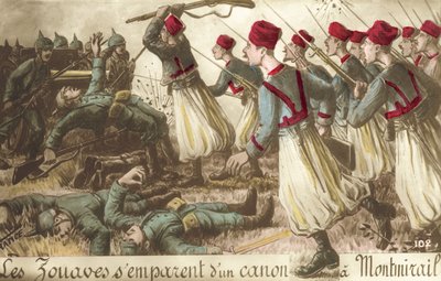 第一次世界大战期间，法国骑兵在Montmirail夺取德国火炮（彩色平印）。 作者 法语学校