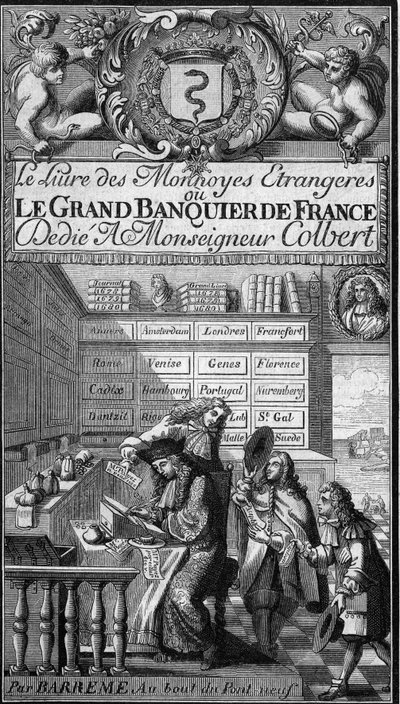 法国数学家弗朗索瓦-巴雷姆（1638-1703年）的 "Livre des monnoyes etrangeres ou le grand banker de France"（1687年）的插页。钢笔书写的人物可能是作者的画像。"Le Magasin picturesque "中的雕版画 作者 法语学校
