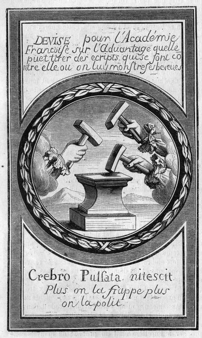 Antoine Furetiere (1619-1688)反对法国学院的 "事实 "的封面。1860年的雕版画。 作者 法语学校