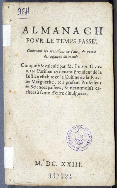 让·盖兰 (Jean Guerin) 着的书“Almanach pour le temps passe”的卷首 作者 法语学校