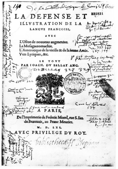 La Defense et Illustration de la Langue Francaiseby Joachim du Bellay的主题，由Federic Morel于1561年在巴黎印刷（印有纸和墨水的纸） 作者 法语学校