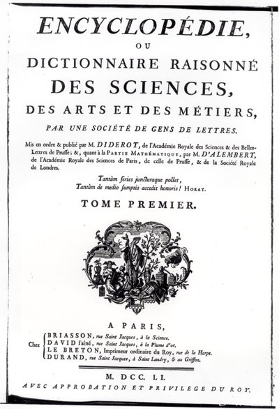 Denis Diderot（1713-84）的“科学，艺术和工程百科全书”的主题发表于1751年的巴黎 作者 法语学校