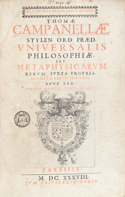 卷首由托马索·康帕内拉通用哲学，在巴黎出版，1638 作者 法语学校
