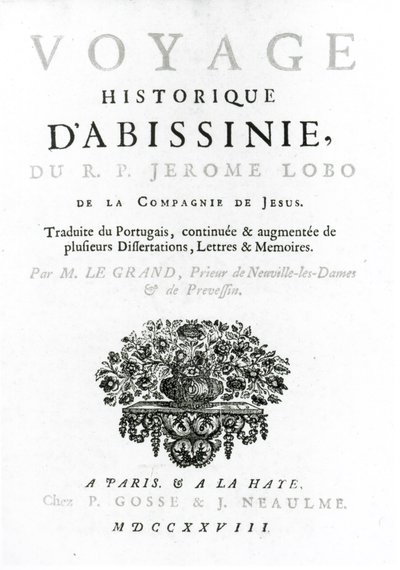由Jeronimo Lobo（约1596-1678）发表于1728年的Voyage to Abyssinia法语翻译的正面文字 作者 法语学校