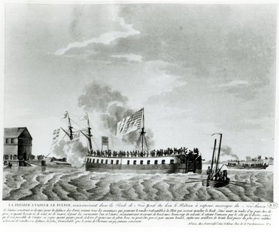 Fultons蒸汽动力战舰，Fulton the First，由Robert Fulton设计和建造，用于在1812年的战争中为纽约进行防御（19世纪早期的照片。雕刻） 作者 法语学校