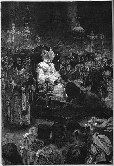 约阿希姆二世（1791-1878）的葬礼：君士坦丁堡大公会教长的遗体被暴露在法那尔的教长教堂里。他身着牧师服，头戴长袍。1878年10月5日 "世界画报 "第1123号上的版画。 作者 法语学校
