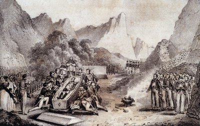 拿破仑一世的葬礼：在圣赫勒拿挖掘拿破仑的尸体 - 由 Levilly 绘制，在 M. St Maurice 的“拿破仑葬礼的历史绘画”中，c。 1851 年。 作者 法语学校