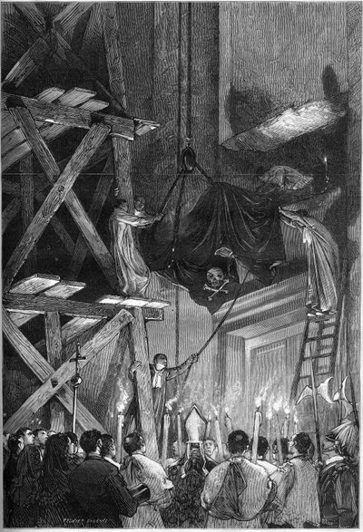 教皇皮乌斯一世（Pio）（1792-1878）的葬礼：在罗马的圣彼得大教堂安葬尸体。1878年3月9日《世界画报》第1093期上的版画。 作者 法语学校