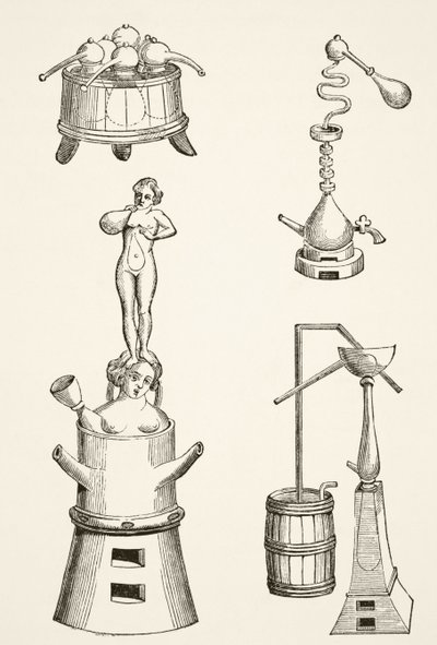 16世纪化学家和炼金术士使用的炉子，蒸馏器，蒸馏器和蒸馏器，来自中世纪的科学和文学，Paul Lacroix（1806-84）于1878年出版伦敦（l 作者 法语学校
