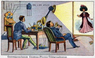 未来之日。十九世纪对2000年的展望 - "2000年 "系列。Correspondence Cinema Phono Telégraphique (Visiophone).Villemard的彩色石版画 作者 法语学校