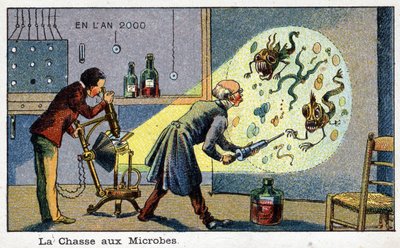 未来之日。十九世纪对2000年的展望系列。猎杀微生物（2位科学家用机器取出放大的微生物）。维勒马德的铬光刻技术 作者 法语学校