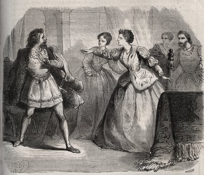 Gabrielle de Vergy与她的未婚夫Eudes de Fayel发生争执，后者嫉妒她与表哥Albert de Nozereau的友谊。12世纪传说的场景。亨利-德-科克（Henry de Kock）（1819-1892）1871年在 "Histoire Des Cocus Celebres "中的雕版画。 作者 法语学校