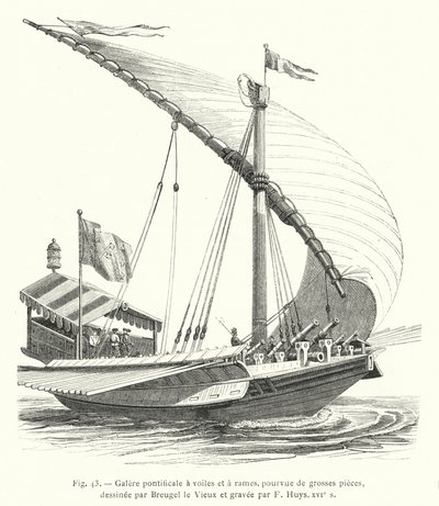 Galere pontificale a voiles et a rames, pourvue de grosses pieces, dessinee par Breugel le Vieux et gravee par F Huys, XVIe s (engraving) 作者 法语学校