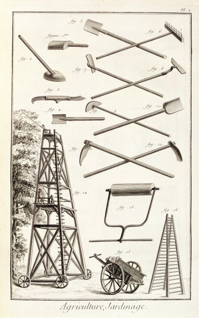 园艺工具和移动修剪平台，来自Denis Diderot的Encyclopedie des Sciences et Metiers（1713-84）发表于1770年 作者 法语学校