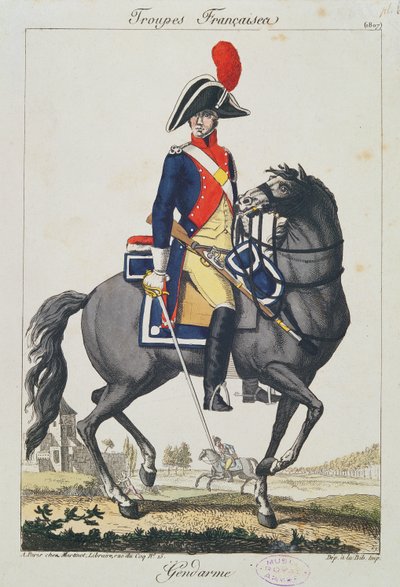 宪兵骑在马上，1807（彩色雕刻） 作者 法语学校