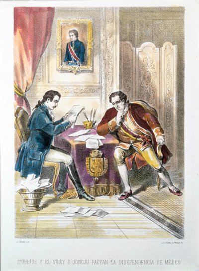 奥古斯丁-德-伊图尔维德将军（后来短暂成为墨西哥皇帝奥古斯丁一世）与奥多诺朱签署墨西哥独立协议（蚀刻版画 作者 法语学校