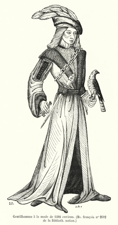 约1488年的时尚绅士（雕刻）。 作者 法语学校