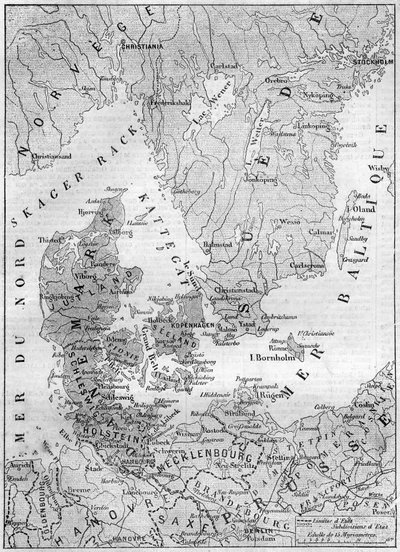 1861年的丹麦地理图，包括石勒苏益格、荷尔斯泰因和劳恩堡公爵。1861年2月9日在《世界画报》第200期上的版画。 作者 法语学校