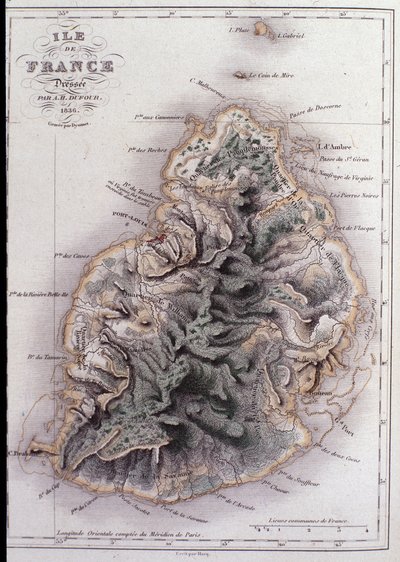 毛里求斯 (Anc. Ile de France) 的地理地图-雕刻 作者 法语学校