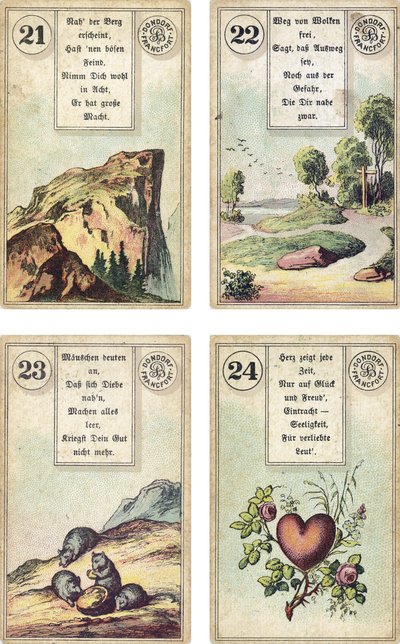 德国版Lenormand法国cartomancy甲板：The Mountain，The Road，The Mice，The Heart，由Dondorf出版，法兰克福，19世纪 作者 法语学校