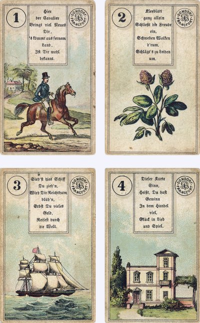 德国版Lenormand法国cartomancy甲板：The Rider，The Clover，The Ship，The House，由Dondorf出版，法兰克福，19世纪 作者 法语学校