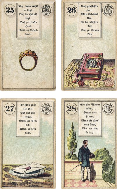 德国版Lenormand法国cartomancy套牌：The Ring，The Book，The Letter，The Gentleman，由Dondorf出版，法兰克福，19世纪 作者 法语学校