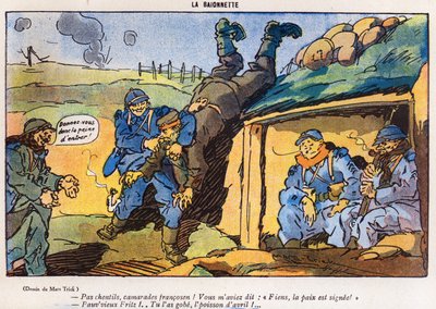1917年3月29日，La Baionette杂志的愚人节（Poisson dAvril）版动画片中的法国士兵抓获的德国士兵 作者 法语学校