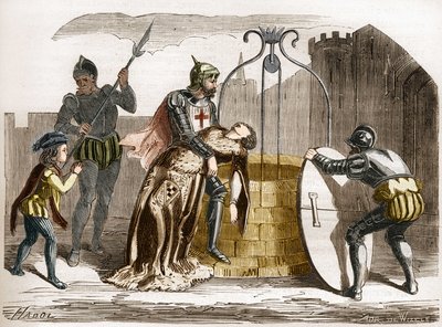 Gilles de Rais (Retz or Rays) (1404-1440), marechal of France makes his wife perir.雕刻于《世界各国人民从古至今的卖淫和放荡史》，由Th.-F.Debray著。1879. 作者 法语学校