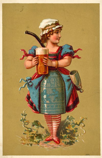Girl holding a large glass of beer (chromolitho) 作者 法语学校