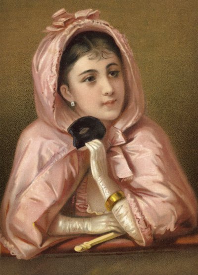 手持面具的女孩（chromolitho） 作者 法语学校