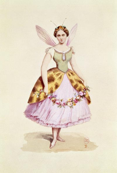 女孩穿着蜜蜂服装，波拿巴会徽，如穿在1863年2月9日拿破仑三世和女皇尤金妮的化装舞会上（wc在纸上） 作者 法语学校