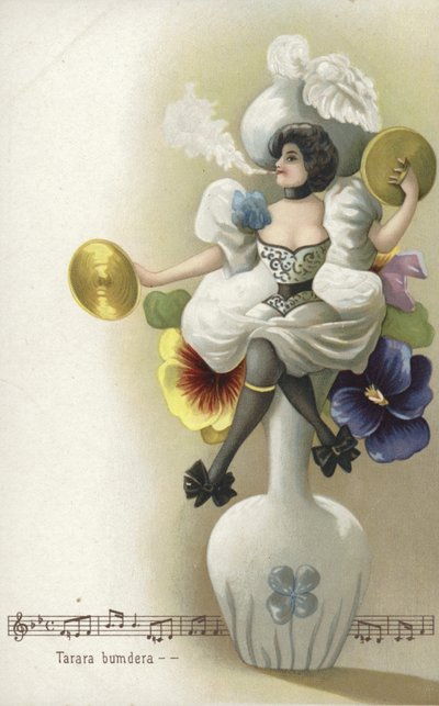 坐在花瓶上抽烟弹钹的女孩 (chromolitho) 作者 法语学校