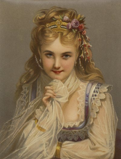 金发、珠宝、鲜花和腼腆笑容的女孩（chromolitho） 作者 法语学校