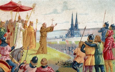 上帝希望如此!隐士彼得宣讲十字军东征（1095 - 1099）19世纪末的彩色石版画。 作者 法语学校