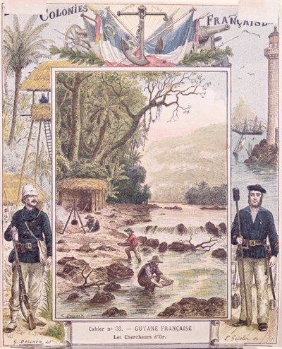 淘金者在法国圭亚那，学校练习本的封面，c.1880 作者 法语学校