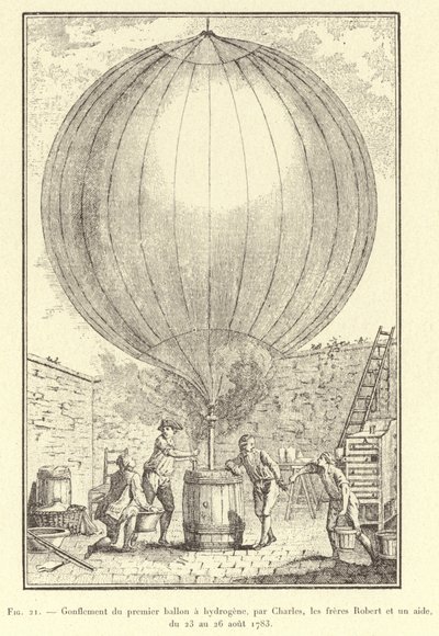 Gonflement du premier ballon a hydrogene, par Charles, les freres Robert et un aide, du 23 au 26 aout 1783 (engraving) 作者 法语学校