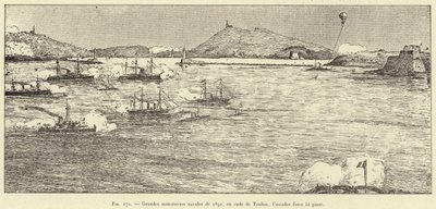 1891 年在土伦港举行的重大海军演习； 中队强制传球（雕刻） 作者 法语学校