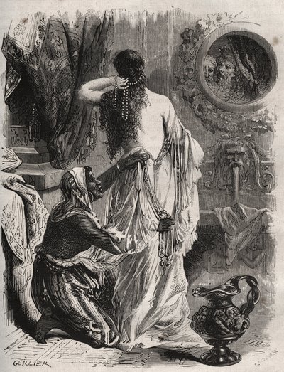 希腊神话：Lydie Candaule（或Caudale）的国王向他的知己Gyges展示了他妻子的裸体，当她在卧室里解开衣服时，他躲在阴影里。亨利-德-科克（Henry de Kock，1819-1892年）在 "Histoire Des Cocus Celebres "中的1871年版画。 作者 法语学校