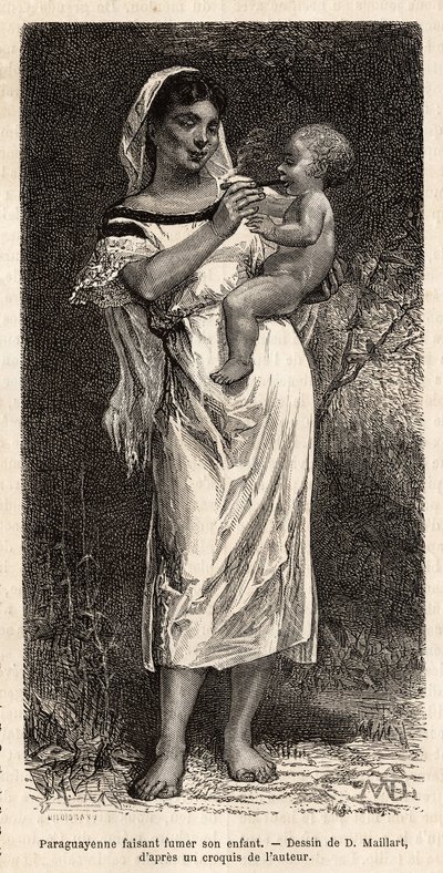 Guaranie woman smoking the cigar to her child, riding on her hip, to try to appease her cries, engraving after D.Maillart