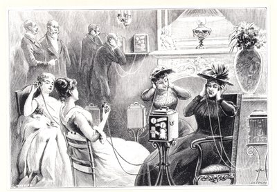 巴黎一家酒店的客人在1892年出版的La Nature的Marinovitchs和Szarvadys Theatrophone上直接接听歌剧或戏剧表演。 作者 法语学校