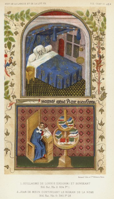 Guillaume De Lorris Asleep And Thinking, Jean De Meun Continuing Le Roman De La Rose (color litho) 作者 法语学校