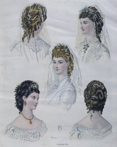 发型，插图来自La Mode illustree，1872年（彩色雕刻） 作者 法语学校