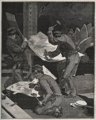 弗雷德里克-奥古斯特-巴托尔迪（1834-1905）制作的自由女神像的锤击和组装部件。阿道夫-比塔尔（Adolphe BITARD）于1880年创作的 "图解艺术 "中的版画。 作者 法语学校
