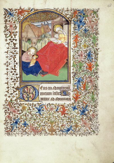 手稿69 f.48r，耶稣的诞生，来自 "雅克-德-贝桑松大师 "的小时书。 作者 French School
