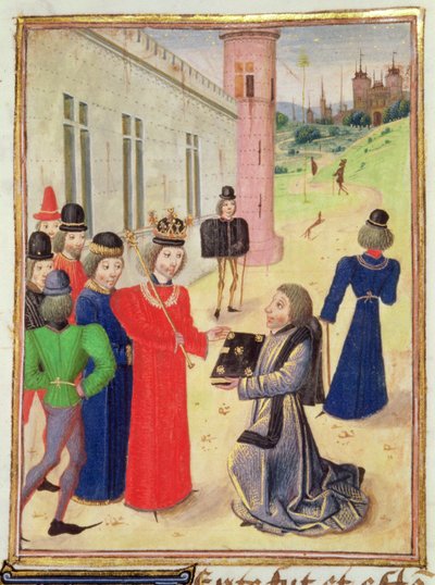 Harl 4380 f.233v 弗罗萨特向理查德二世赠书，选自《弗罗萨特年谱》第四卷（牛皮纸） 作者 法语学校